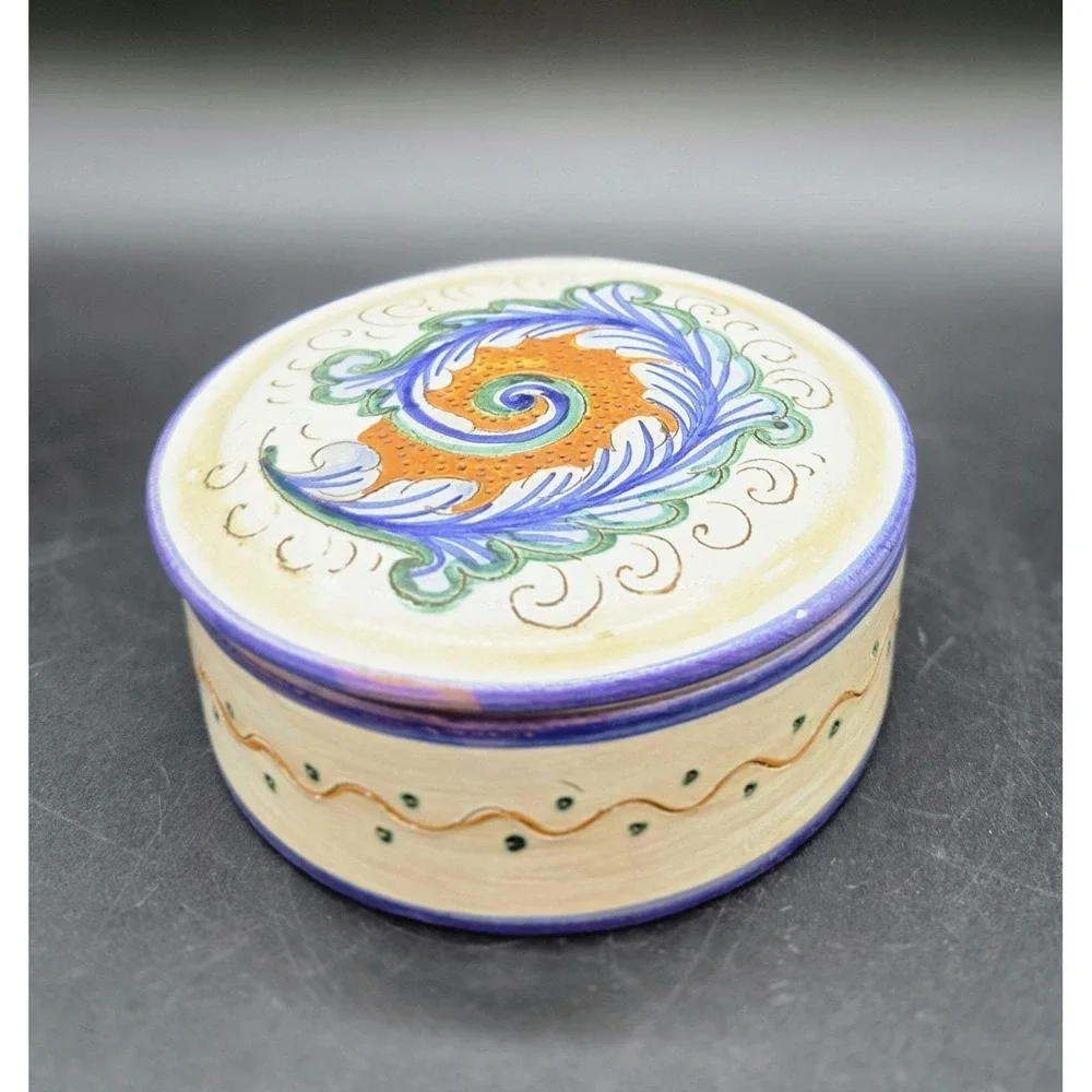 Vintage Giglioni Deruta Italian Pottery Lidded Trinket Box Round Hand Painted